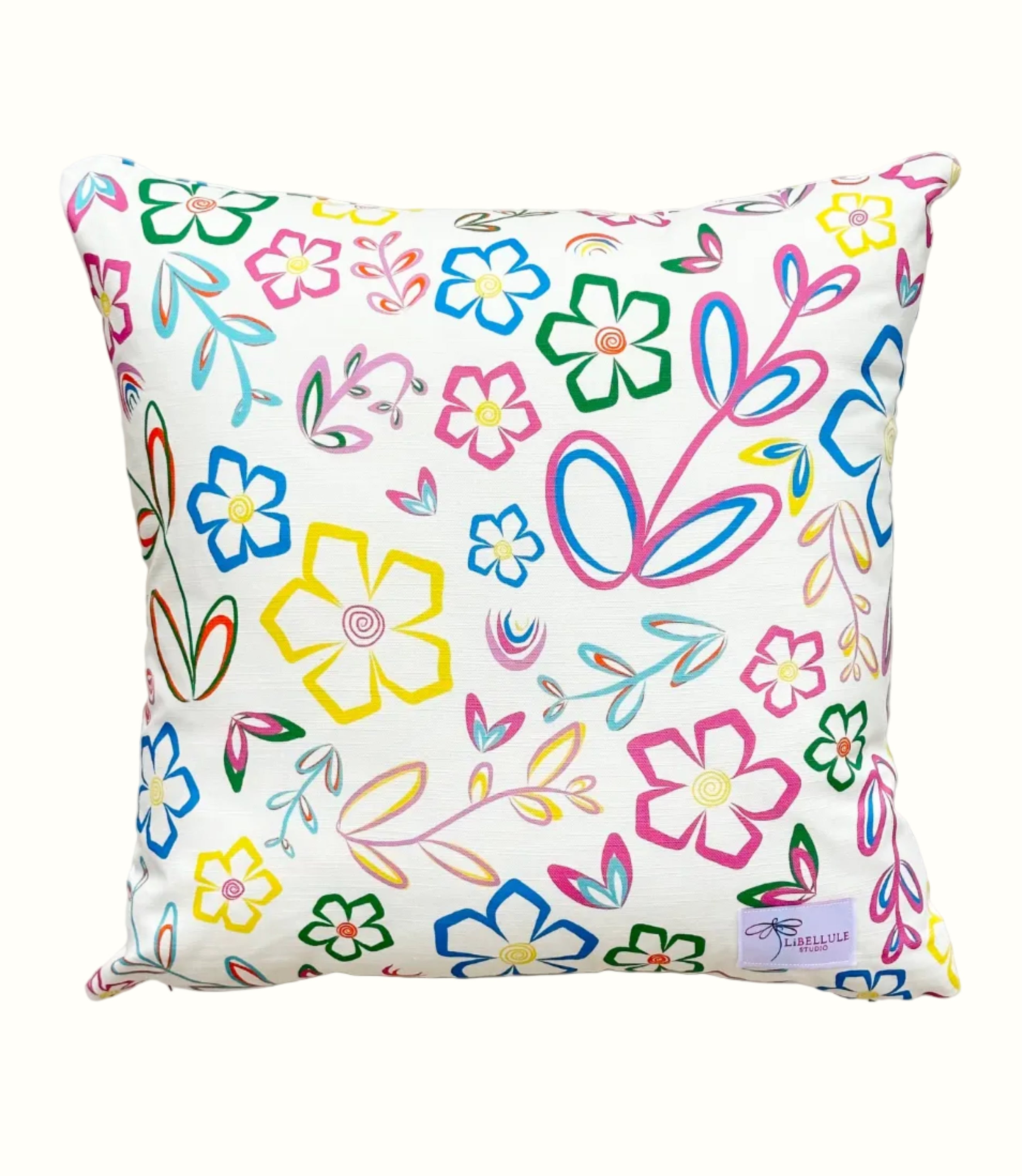 Decorative pillow with colorful floral patterns on a white background